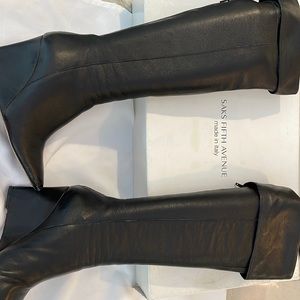 Saks Fifth Avenue leather, black, knee high wedge boot. Like new condition!